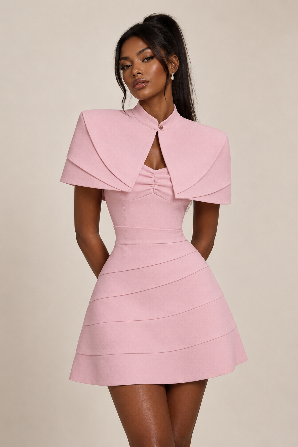 Blush cape-shoulder tiered mini dress — GRÉVA COUTURE