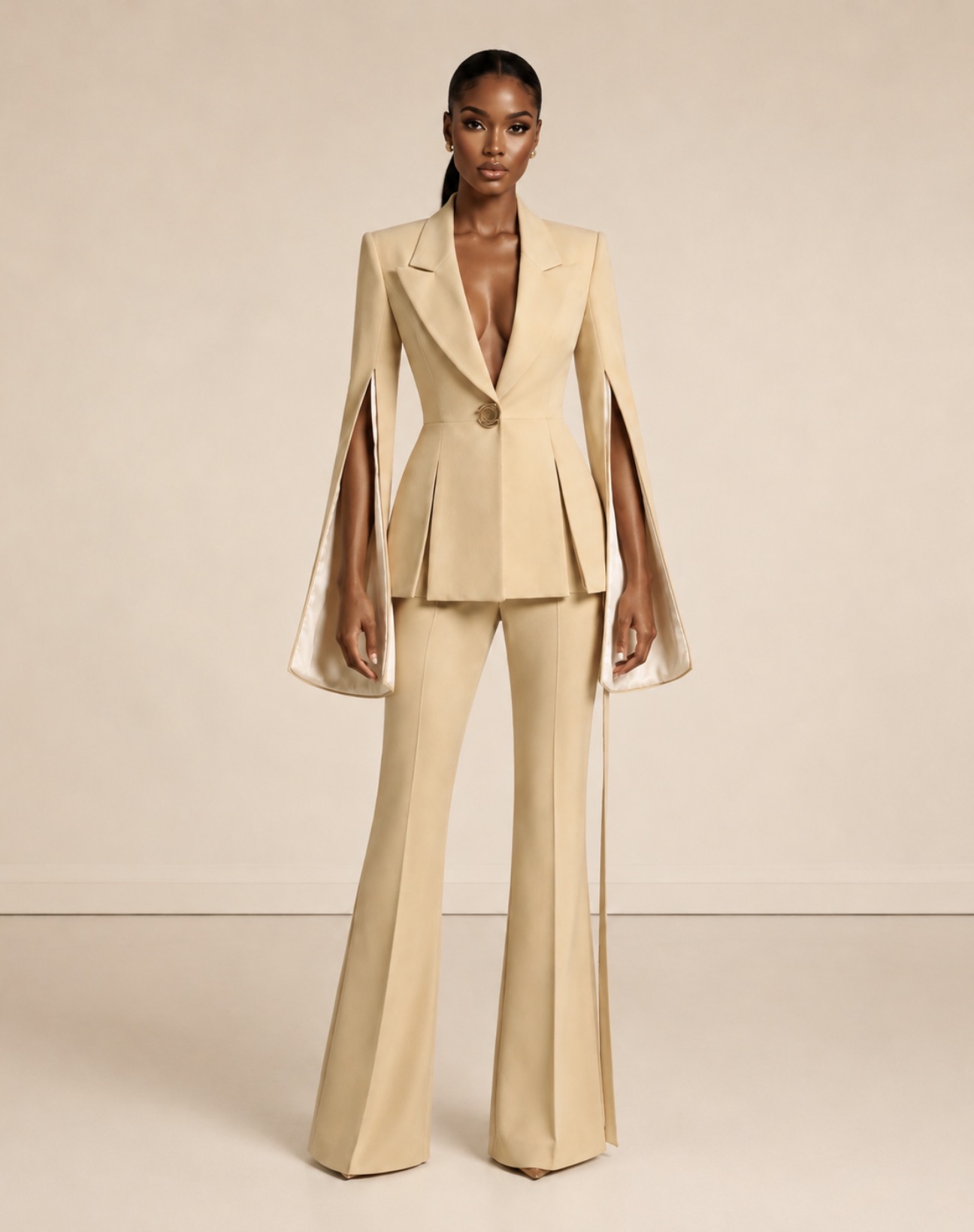 Champagne cape-sleeve blazer and flared trouser suit — GRÉVA COUTURE