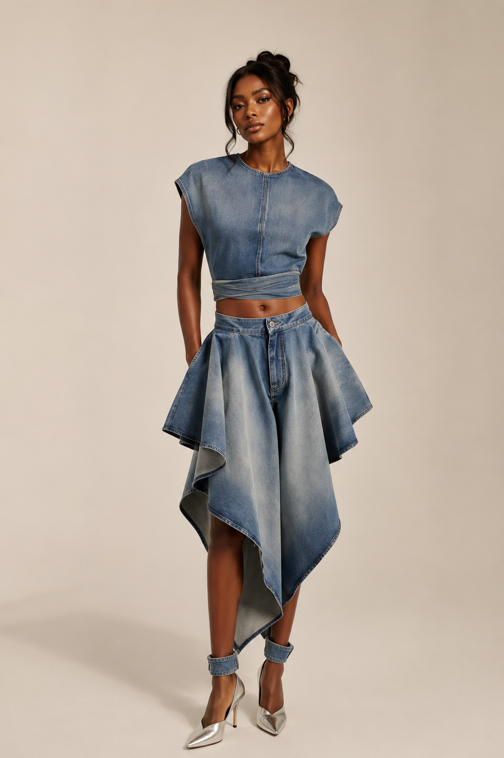 Denim wrap top and asymmetric draped skirt set — GRÉVA COUTURE