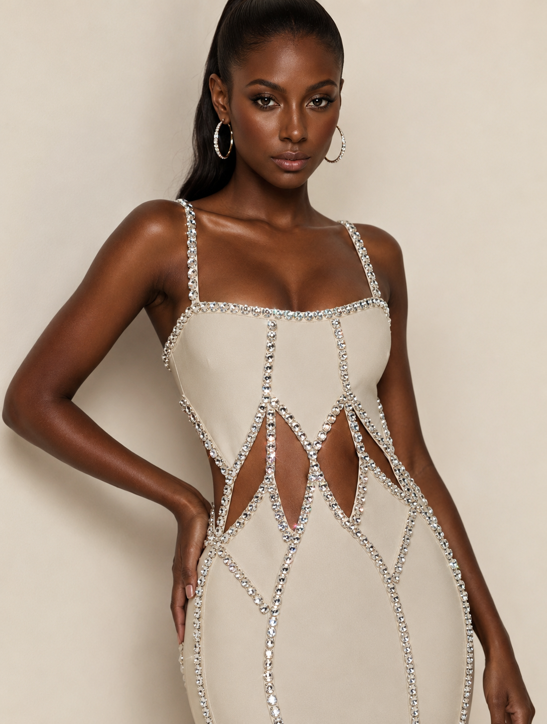 Nude crystal-trimmed cut-out gown detail — GRÉVA COUTURE