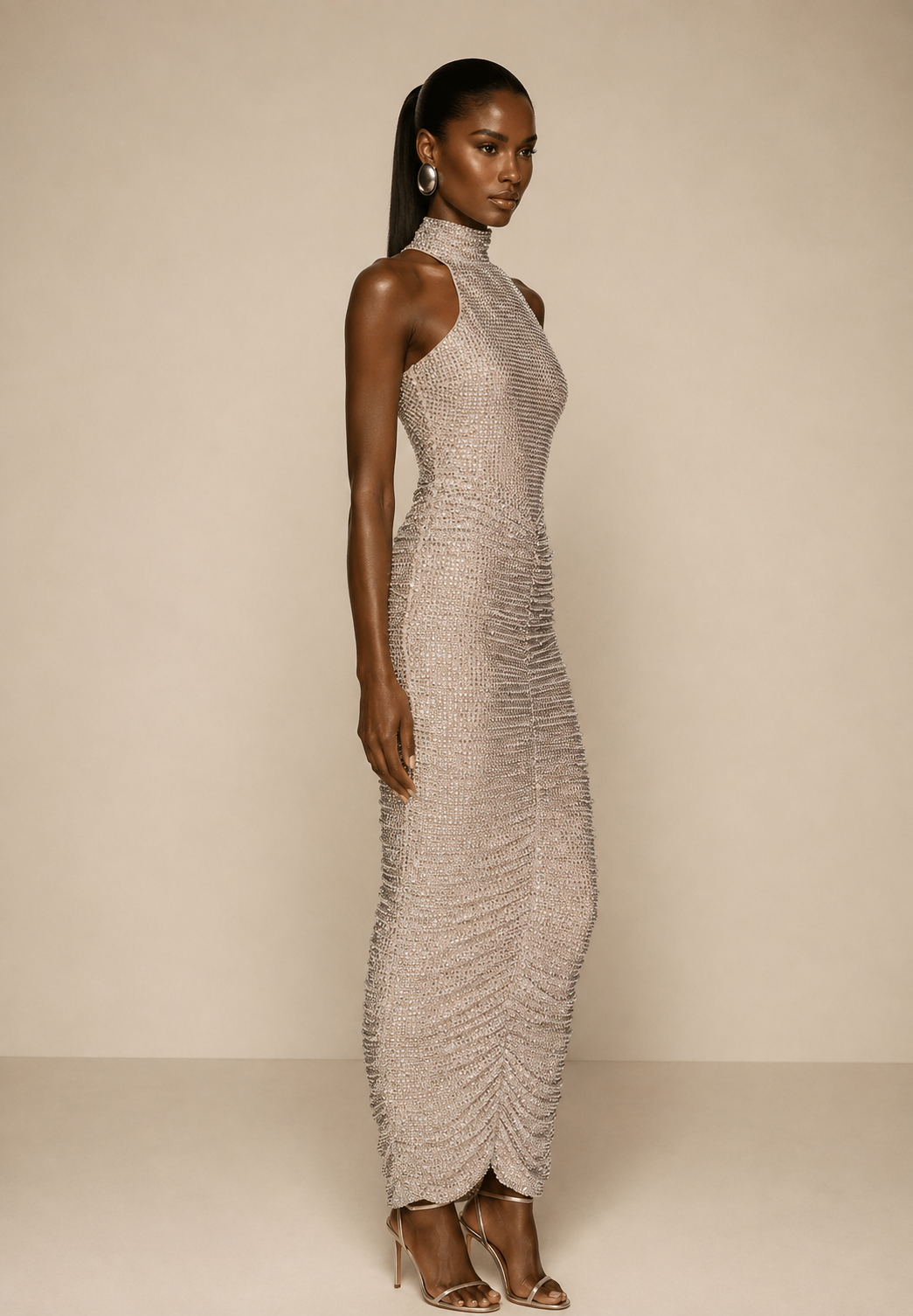 Champagne crystal-embellished halter maxi dress — GRÉVA COUTURE